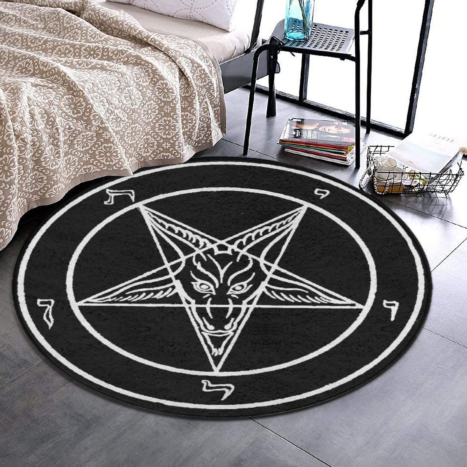 Ultra Soft Round Area Rugs Indoor Sofa Floor Area Mat Non-Slip Throw Rug Circle Carpet for Living Room Bedroom Playroom, Aazazel Storm Goat Pentagram