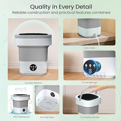 Miniatura 6 de Lavadora portátil Mini lavadora plegable de 16 litros con cesta giratoria, 3 modos de limpieza y limpieza profunda para ropa pequeña, lavandería