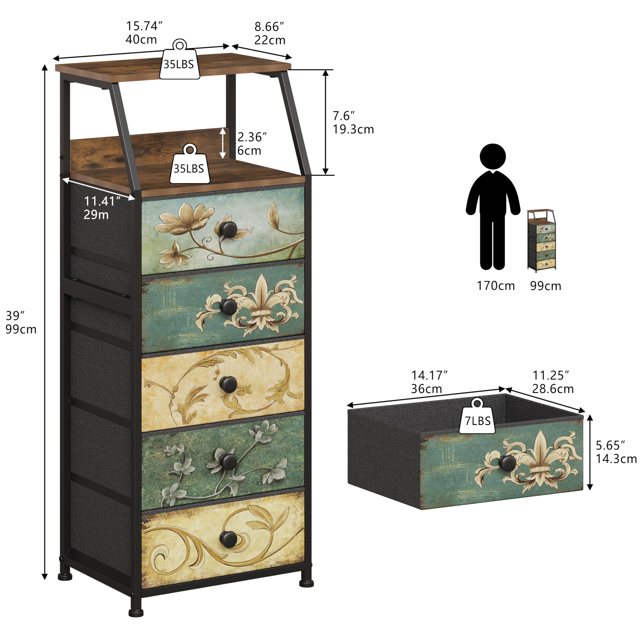 Comò Sweetcrispy 5 Cassetti - Organizer Tessuto Per Camera, Soggiorno