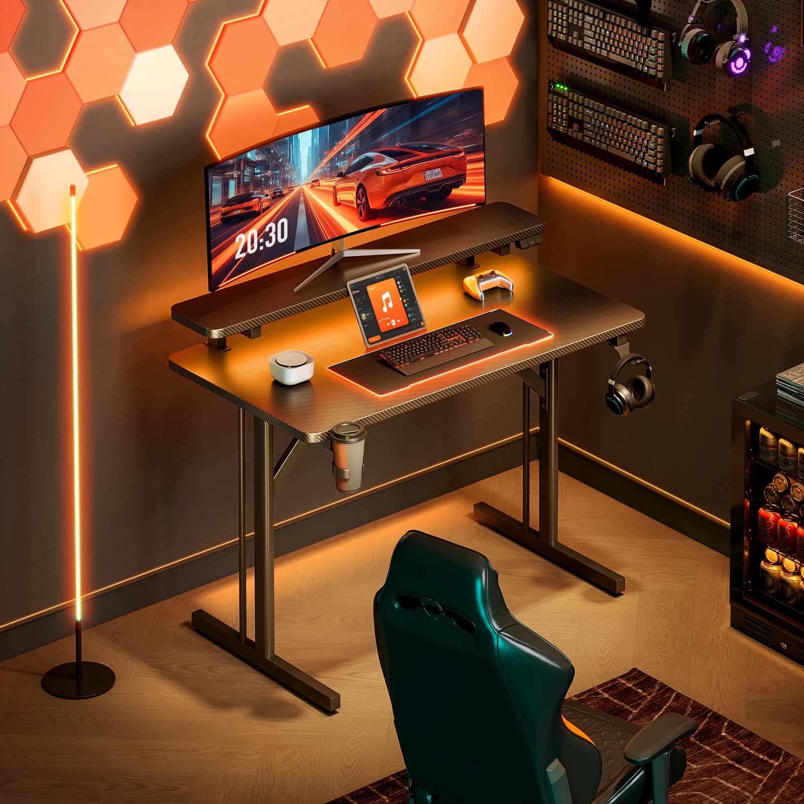 ODK Scrivania Gaming, 80cm Postazione Gaming con Luci LED, Tavolo Gaming con Supporto per Monitor, Scrivania Computer in Fibra di Carbonio Nera