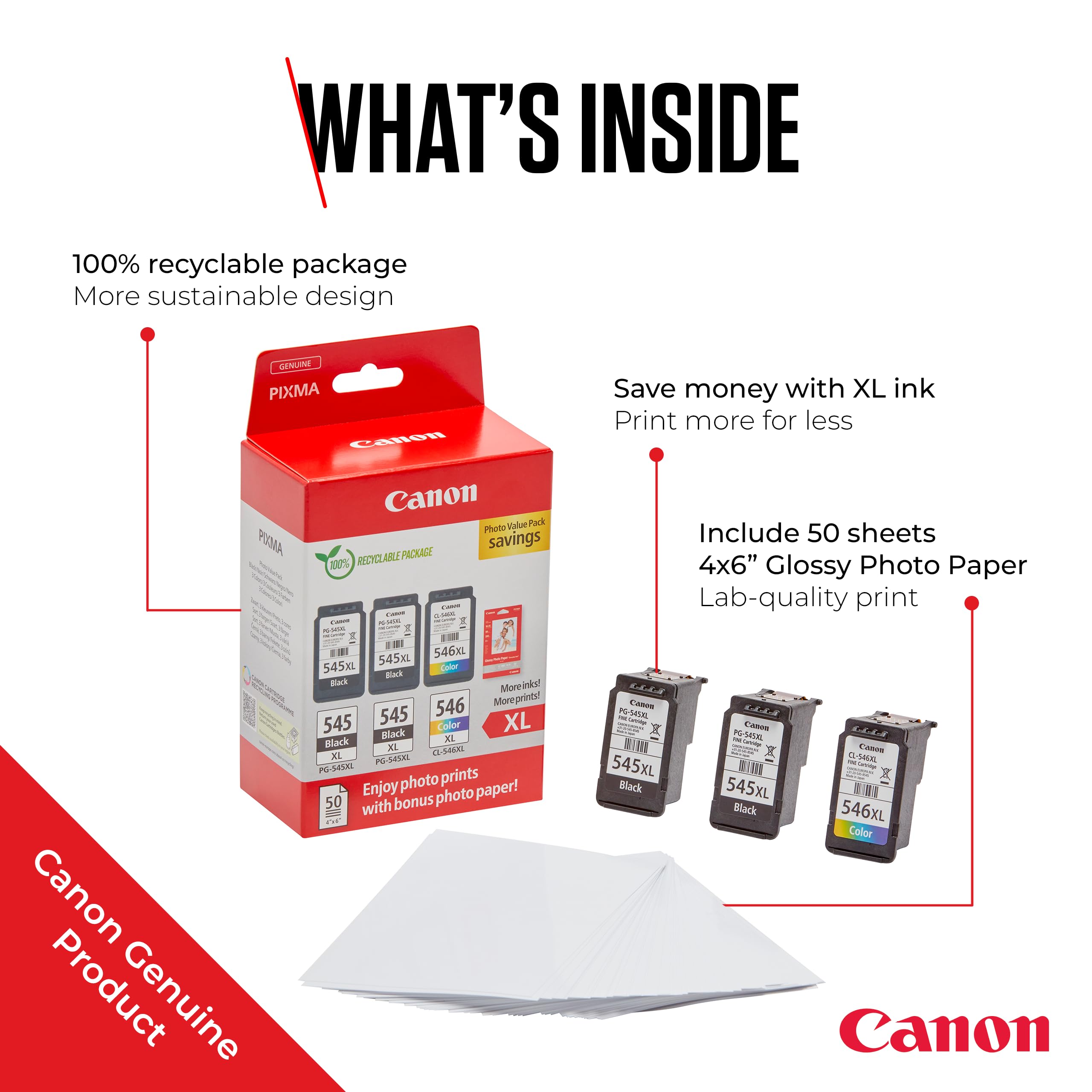 Canon PG-545XL x 2 / CL-546XL wysokiej wydajności oryginalne wkłady atramentowe, 3 sztuki (2 x czarne, 1 x kolor); zawiera 50 arkuszy papieru fotograficznego 4 x 6 - karton wielopak