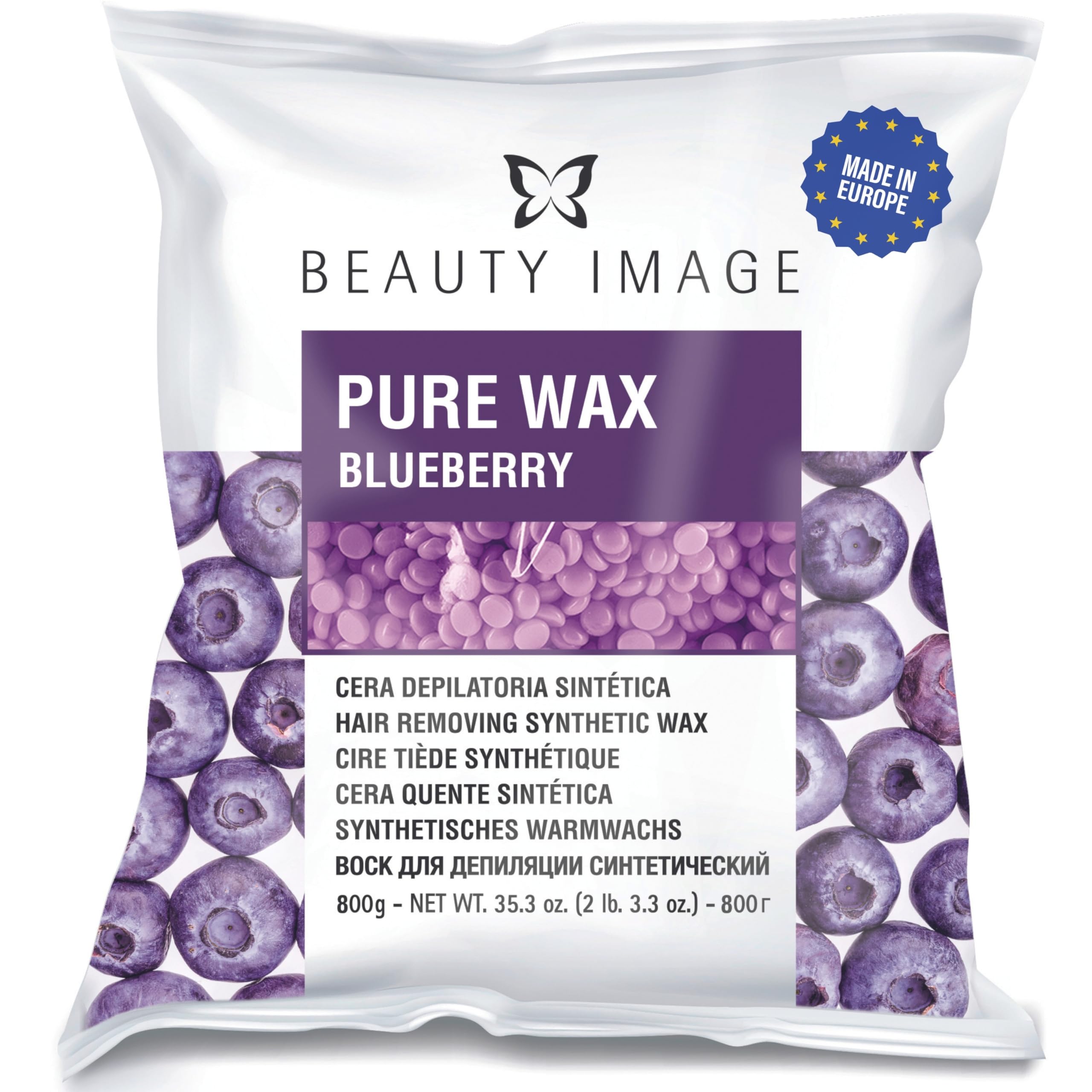 PURE BLUEBERRY Cera Sintética Perlas 800g - Cera Depilatoria Indolora para Mujer - Cera Española Elástica - Cera Facial - Hard Wax Beans - Wax Beans - Cera Depilatoria Sin Dolor
