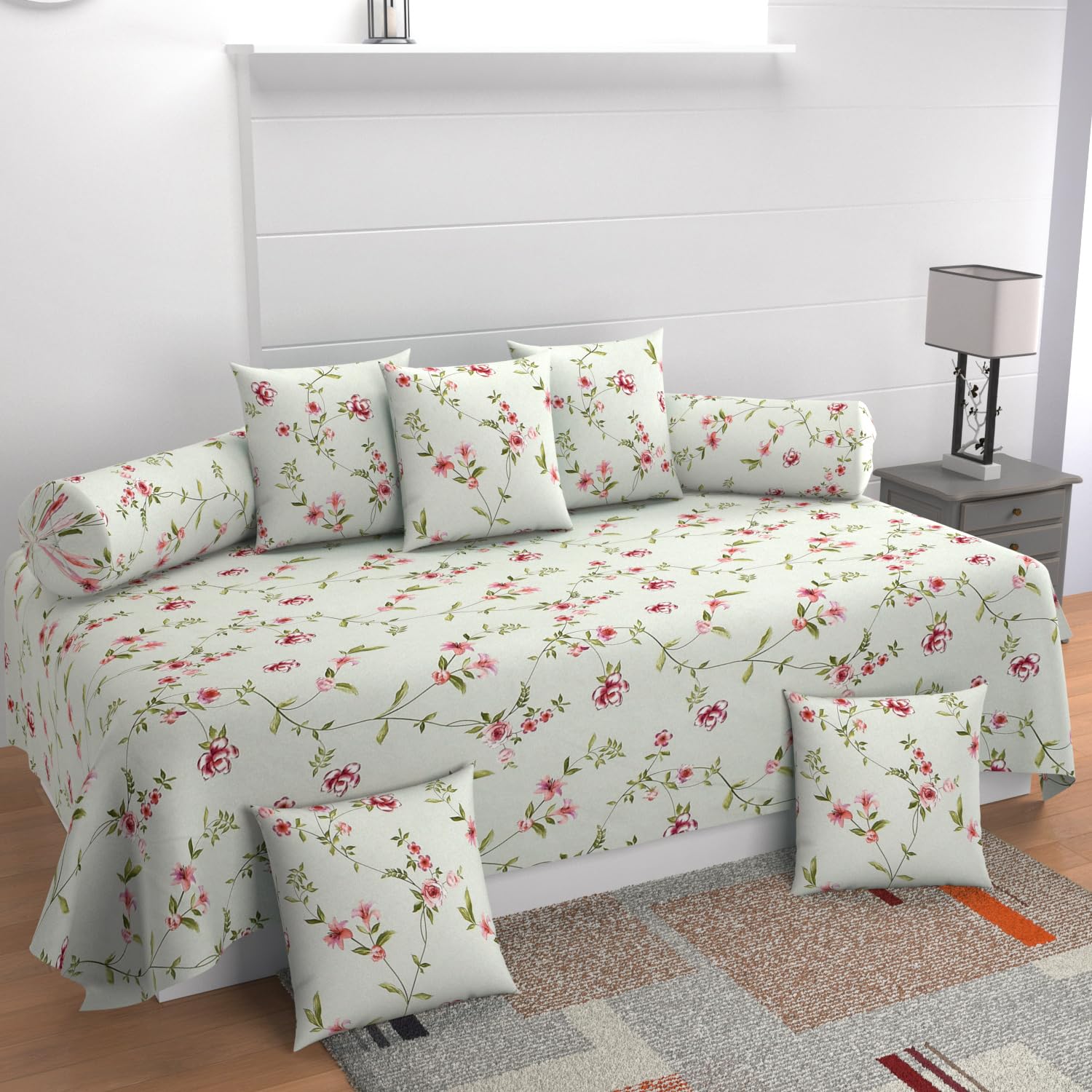MANIQATEX Floral Print Diwan Set with 7 Pieces, Cotton Cover with 5 Cushions and 2 Bolsters, Light Green and Pink-image-49