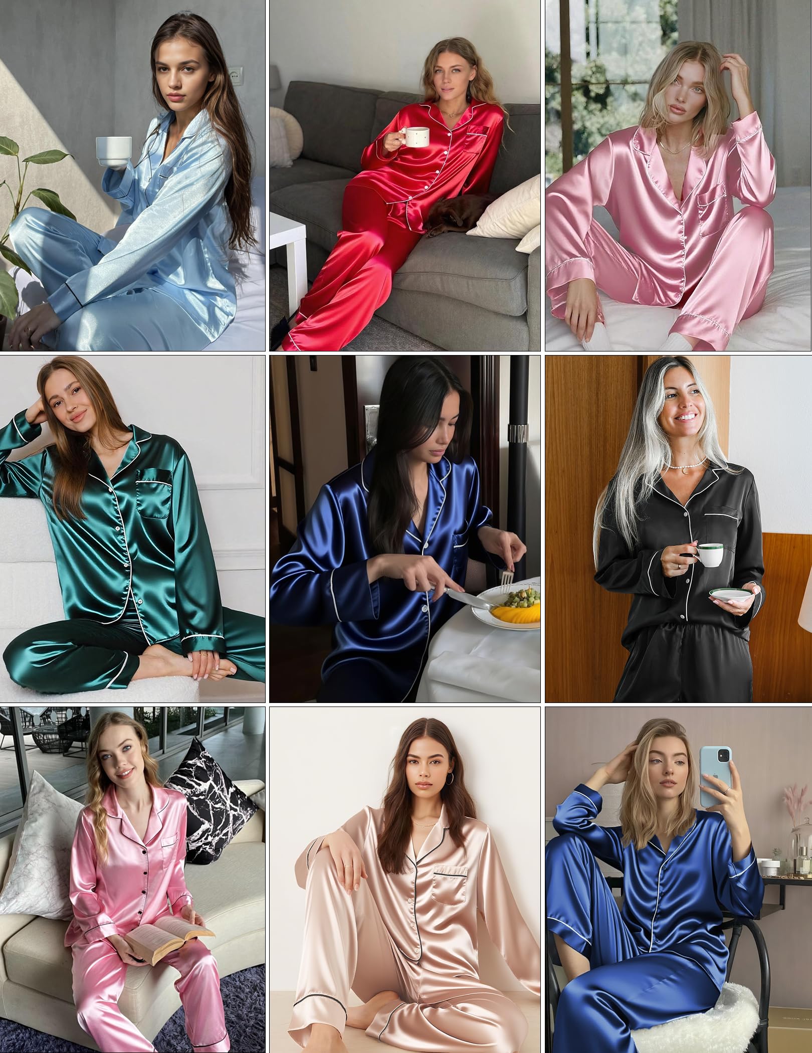Ekouaer Pijamas a juego para parejas, de seda, de manga larga, de satén, suave, con botones, tallas S-XXL