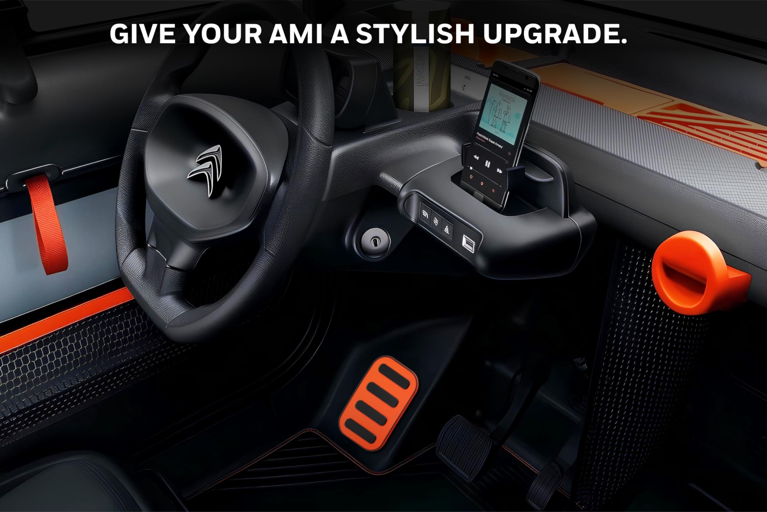 Reposapiés compatible con Citroen AMI – Reposapiés del conductor – Accesorio interior de coche – Protector de plataforma lado izquierdo naranja y negro – Montaje sin agujeros