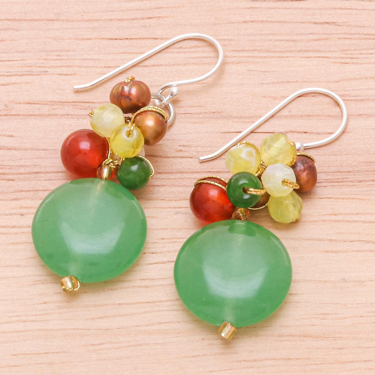 NOVICA Artisan Handmade Pearl Carnelian Cluster Earrings Quartz Dangle Sterling Silver Glass Bead Yellow Beaded Thailand Birthstone [1.8 in L x 0.6 in W] ' Thai Joy'
