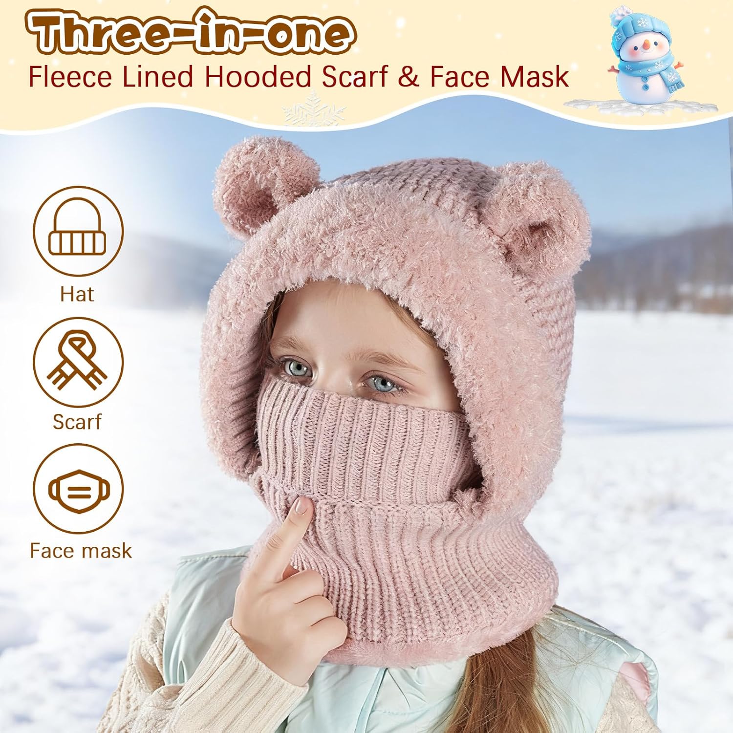 Kids Winter Balaclava Windproof Hats Gloves Set 3-in-1 Fleece Lined Hooded Scarf & Face Mask for Ages 2-8 - Image 3