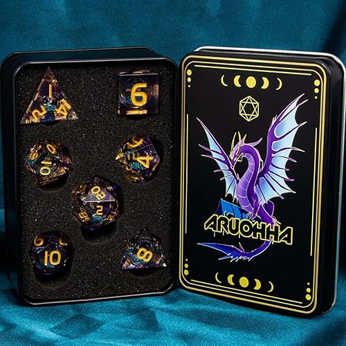 Miniatura 6 de ARUOHHA Juego de dados DND de núcleo líquido, 7 dados de resina con bordes afilados, dados poliédricos D y D morados con caja de regalo, juego de
