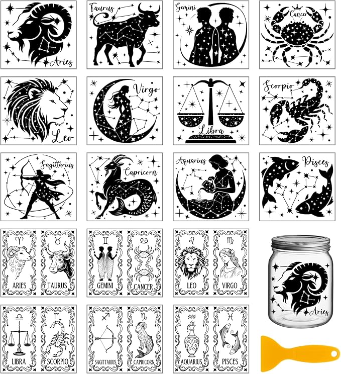 GLOBLELAND 18 Sheets Vintage Zodiac Signs Rub on Transfers Sticker for Crafts 3.9x3.6inch Constellation Silhouettes UV DTF Cup Decals Stickers Divination Cards Transfer Decal for Glass Bottle Decors