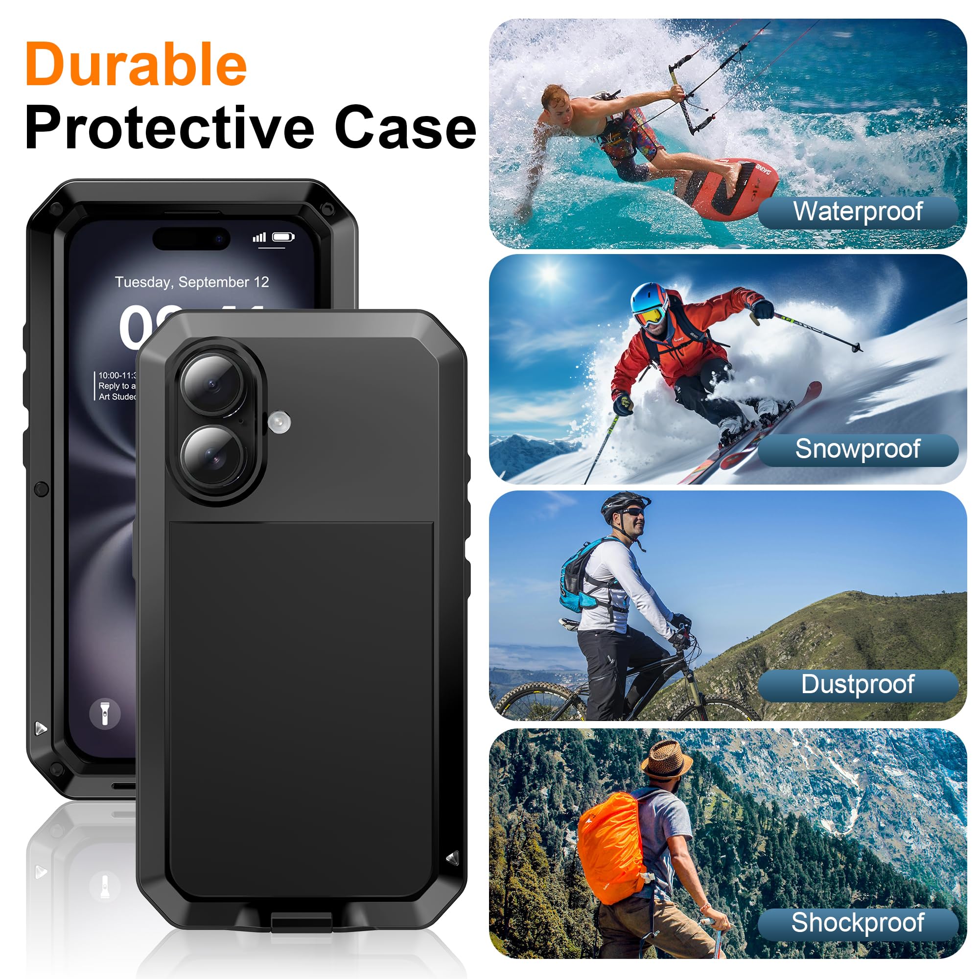 Ezanmull Custodia IPhone 16 Pro Max In Metallo – Resistente, Impermeabile IPX4, Con Protezione Schermo Integrata, Grado Militare, 360° (Nero)