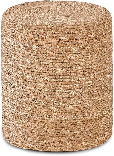 Mxfurhawa Otomano redondo, puf trenzado a mano natural, reposapiés con marco de madera maciza, acento rústico, puf de granja, decoración bohemia o