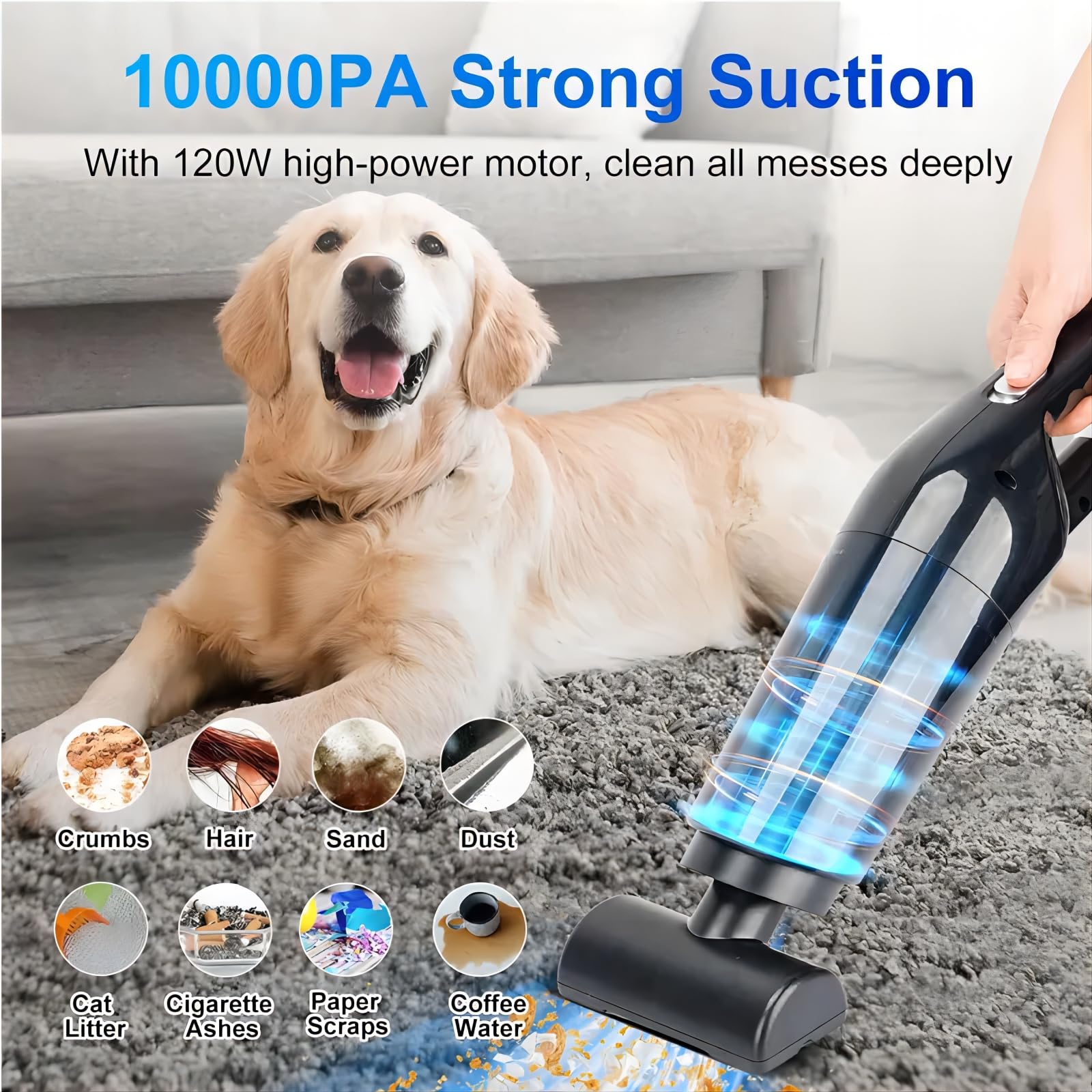 potente aspirapolvere portatile, 10000Pa forte aspirazione aspirapolvere portatile portatile senza fili leggero per auto e casa moquette scale peli di animali pulizia profonda (Nero)