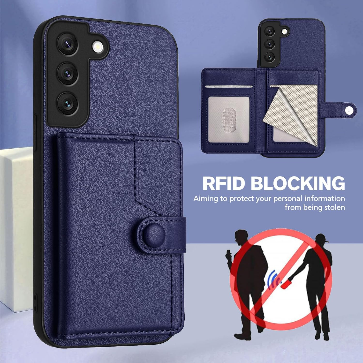 Asuwish Phone Case for Samsung Galaxy S22 5G Wallet Cover with Tempered Glass Screen Protector RFID Slim Credit Card Holder Slot Stand Cell Accessories S 22 22S 4G G5 6.1 inch Women Men Blue image 3