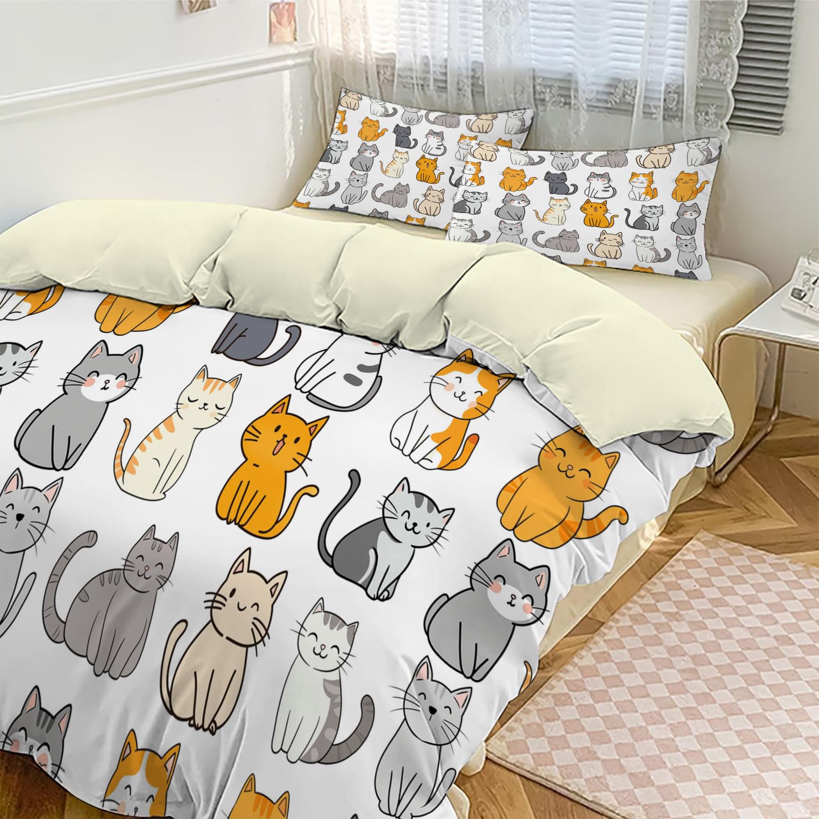 Housse de Couette Chat 200x200 cm avec Parure de Lit Fille
