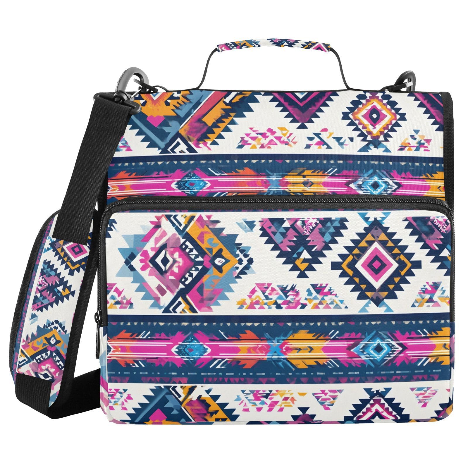 3 Ring Zipper Binder with Shoulder Strap Purple Ethic Aztec Geometric 1.5 inch Binders Keeper Large Capacity Multi Pockets for School Office Supplies
