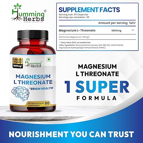 Miniatura 2 de Humming Herbs L-treonato de magnesio 1800 mg  90 cápsulas  Suplemento de magnesio de alta absorción  Fórmula sin OMG, apta para veganos