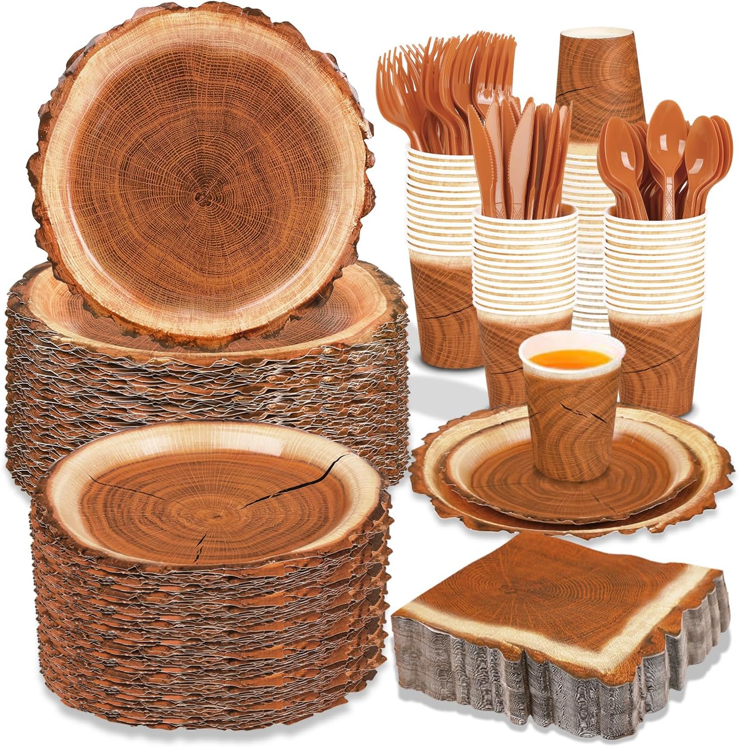400 Pieces Camping Wood Grain Slice Party Supplies Set Paper Plate Cup Napkin for Camping Woodland Baby Shower Lumberjack Birthday Featuring a Round Wooden Slice Die Cut Edge Design Serve 50