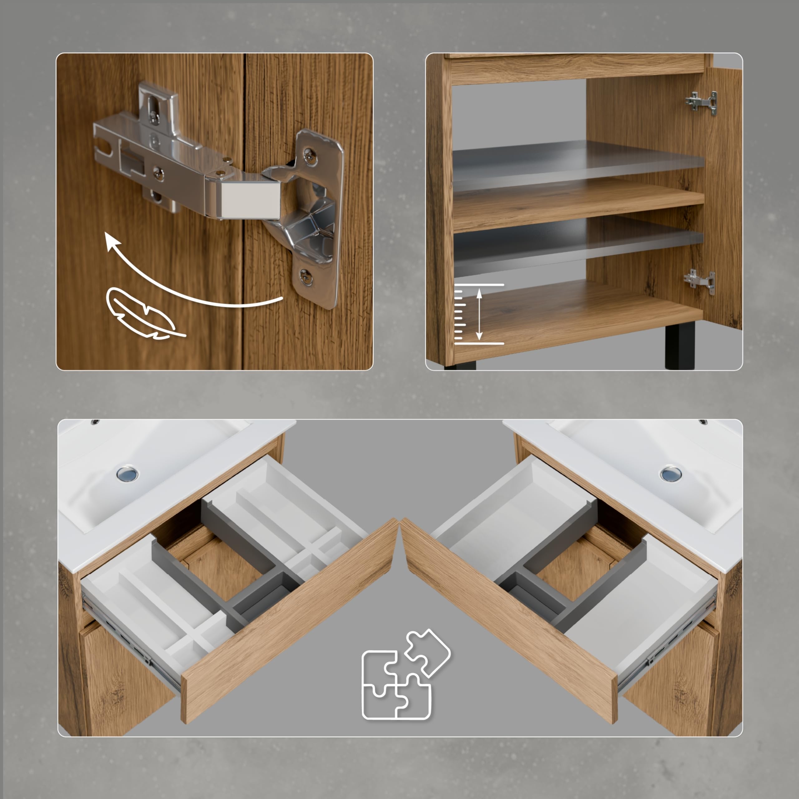 Meuble Salle de Bain 60 cm avec Vasque Ariza Sink | Meuble sous lavabo avec 1 tiroir et 2 Portes | Suspendu ou Debout | Bois Chêne