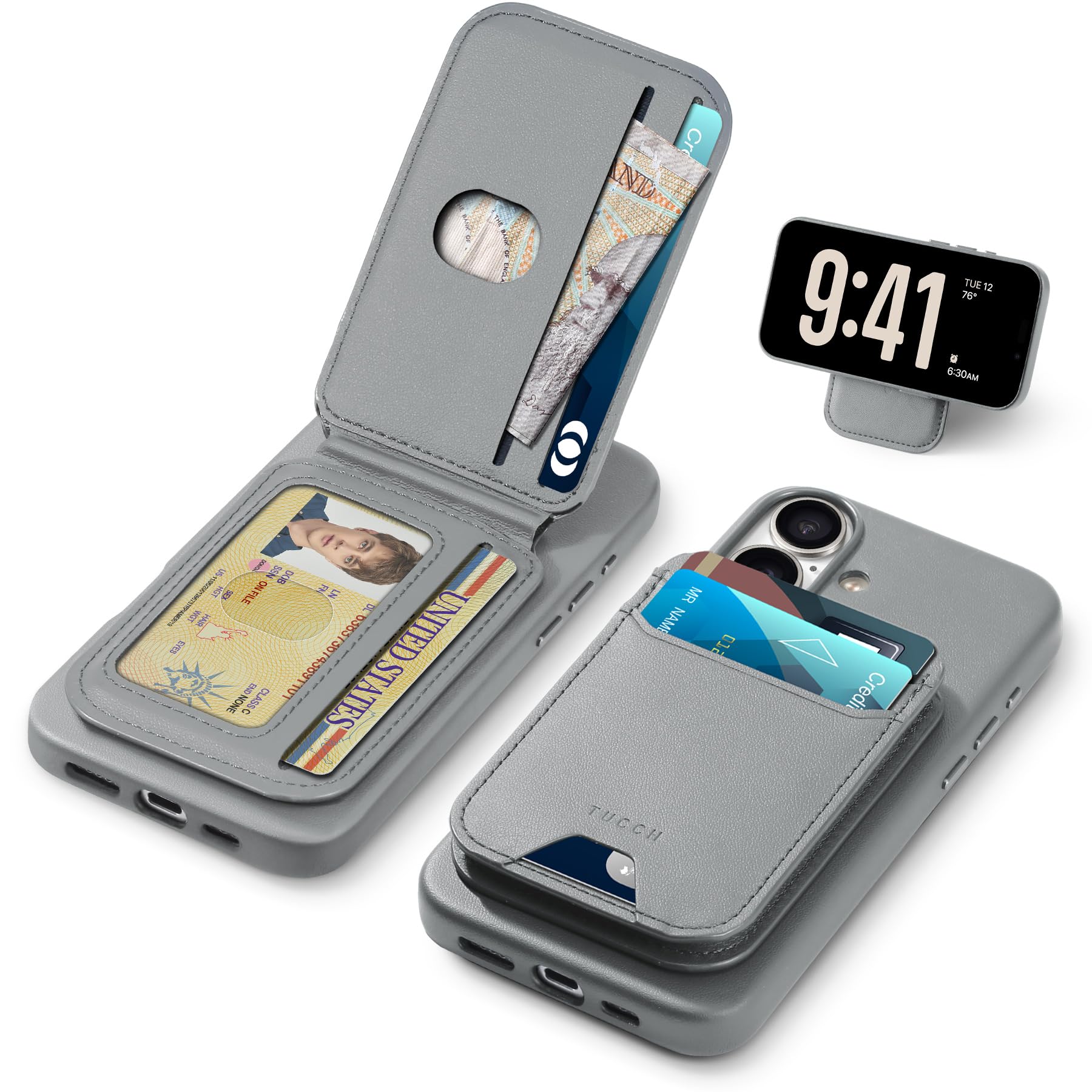 Coque iPhone 16 TUCCH en cuir synthétique gris fer premium et finitions soignées