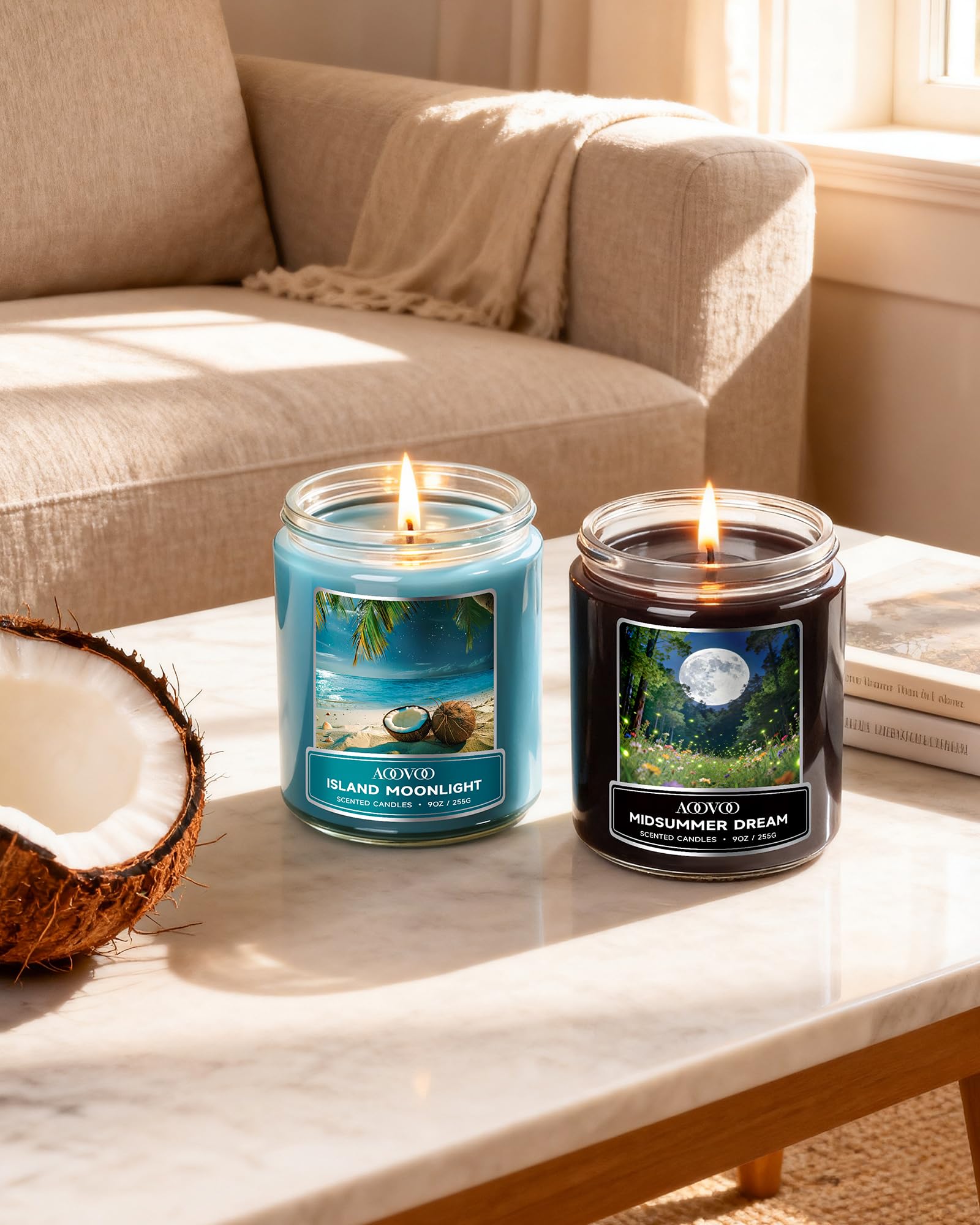 AOOVOO Juego de velas perfumadas para mujer, paquete de 4 velas de cera de soja para el hogar, 1020 g, 200 horas de combustión, velas aromáticas de playa rosa/luz de luna de isla/sueño de verano