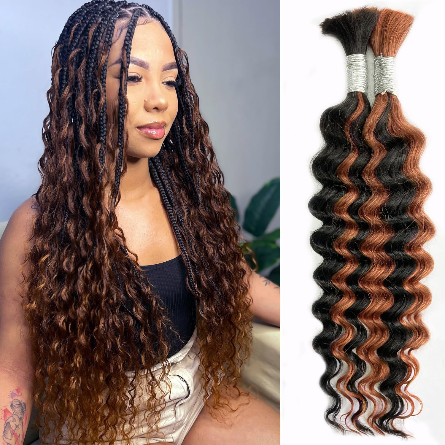16 Inch Honey Blonde Human Braiding Hair For Boho Braids 100g 27 Deep Wave Human Hair Bulk For Braiding Curly Human Hair For Bohemian Braids 100% Human Hair Water Wave 2 Bundles
