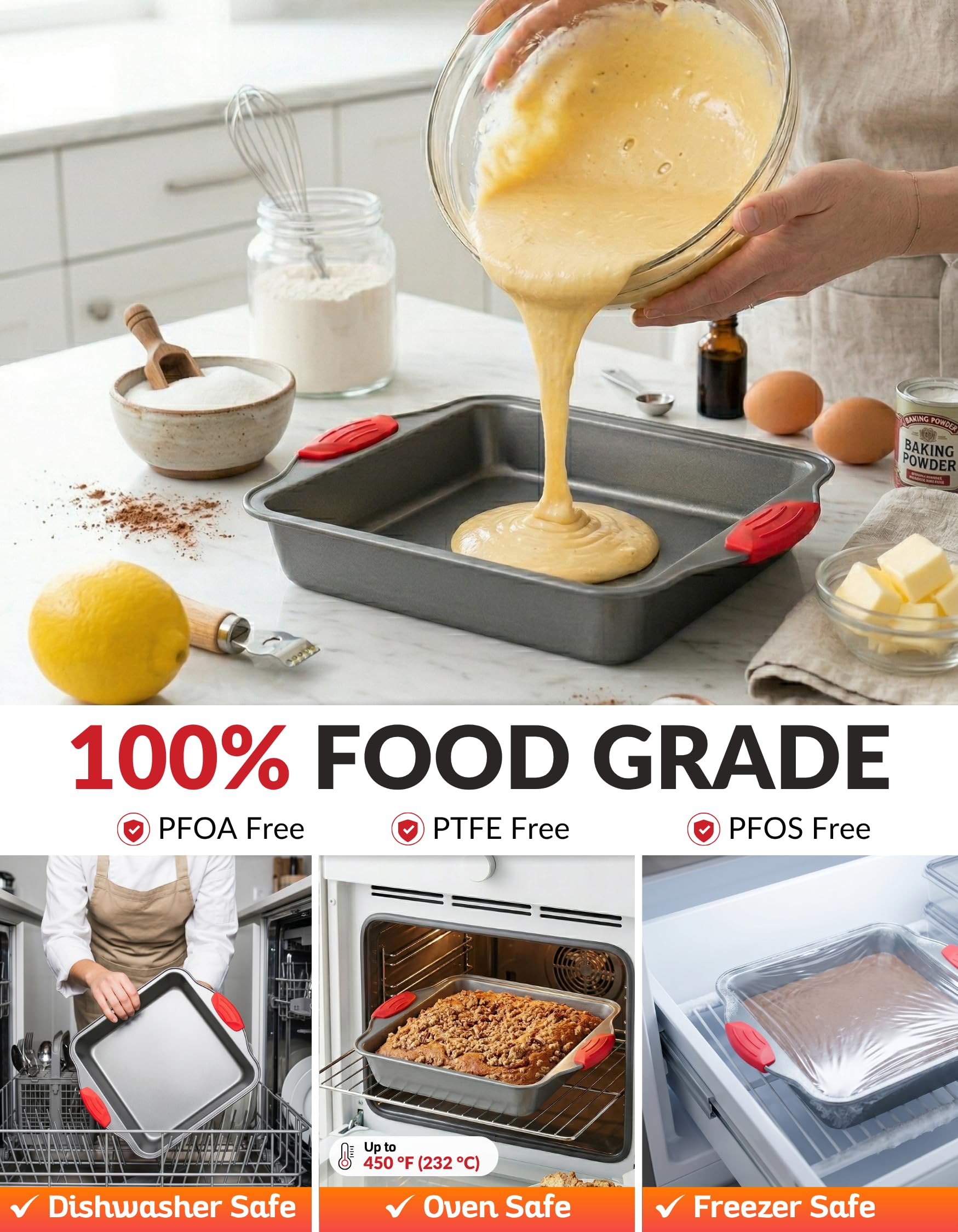 Boxiki Kitchen Moule à gâteau | Poêle carrée en acier antiadhésif de 8 po de Durable, pratique, de qualité supérieure antiadhésive cuisson moule moule | Brownie Pan avec poignées en silicone rouge