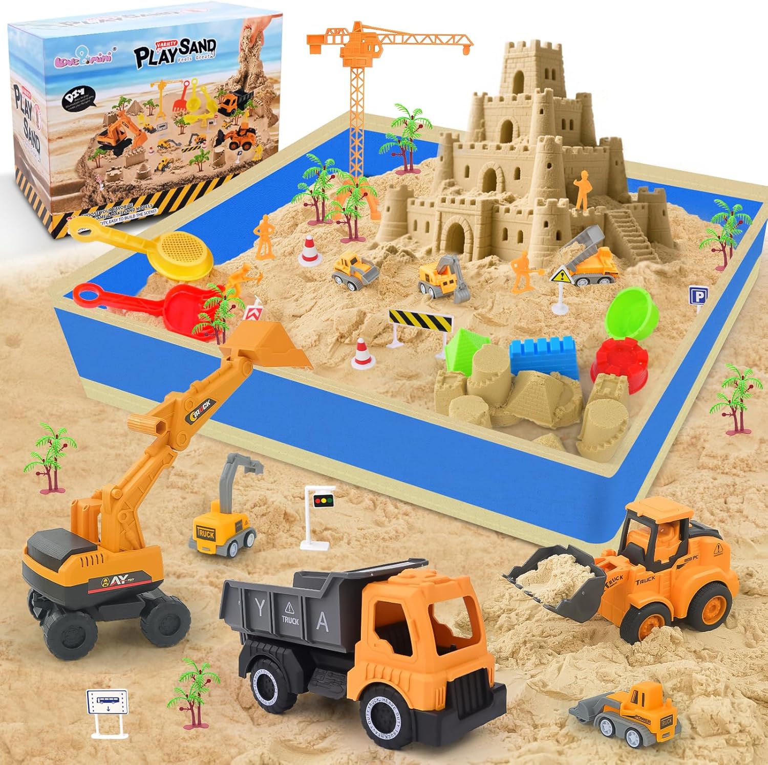 Sand Construction Site Kit – Sensory Bins for Toddlers with Big Foldable Sandbox and 2.7lbs Magic Sand, Outdoor Toys for Kids Ages 3+, 44Pcs Beach Toys