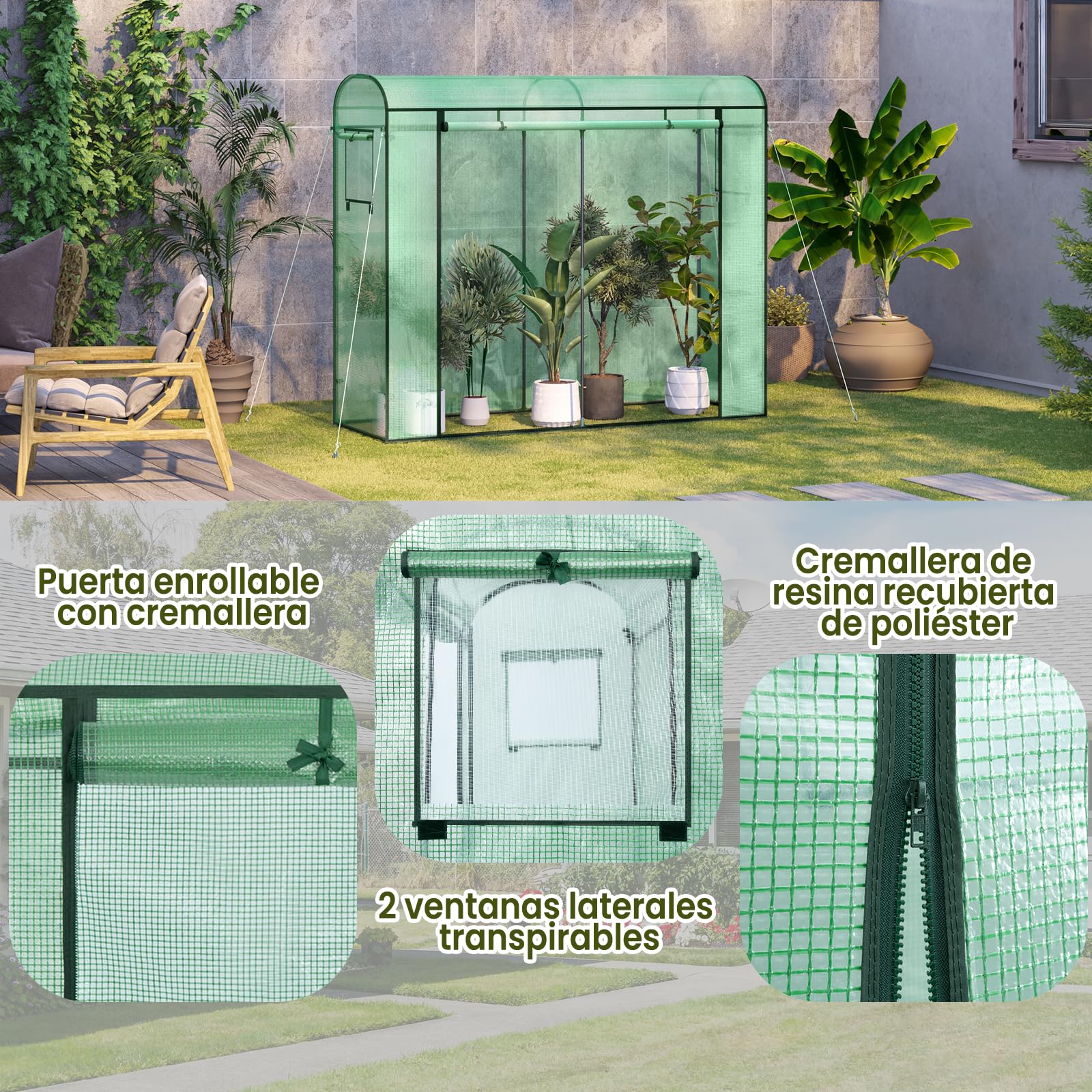WOLTU Invernadero de Jardín Túnel, 2 Ventanas, Verde, 170x50x200cm | Acero Galvanizado; PE 140g/m²; Puerta de Cremallera; Enrollable; Laterales; Jardín