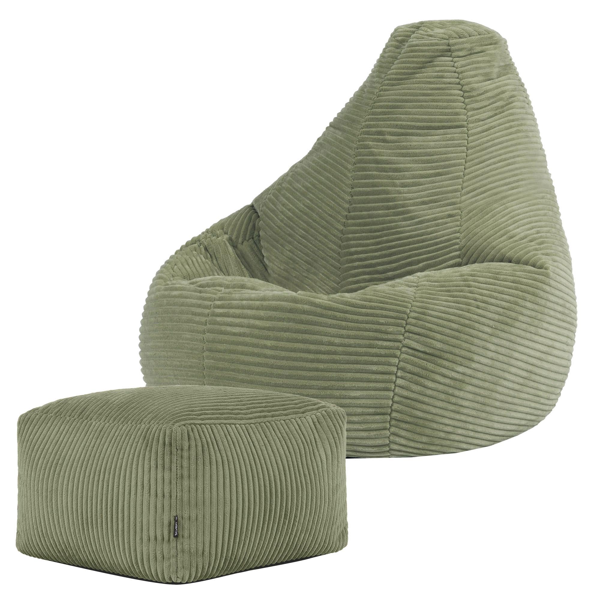 icon Dalton Kids Bean Bag and Footstool, Sage Green, Cord Kids Bean Bag Chair with Filling Included for Girls and Boys, Childrens Chair, Beanbags for Children, Playroom Décor, Bedroom Accessories