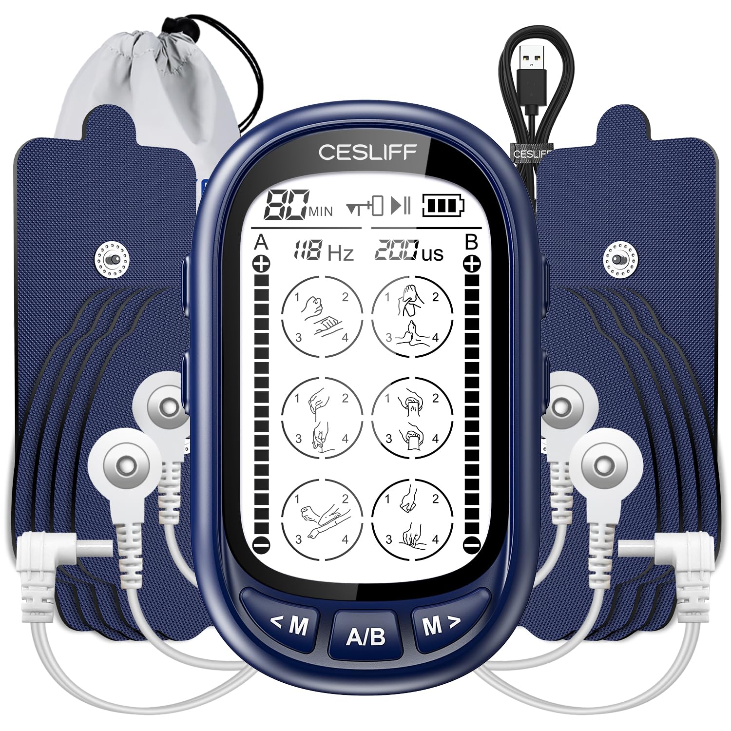 CESLIFF Dual Channel TENS EMS Unit Large Screen 24 Modes 36 Levels Intensity Muscle Stimulator, Rechargeable Electric Pulse Massager TENS Machine for Lower Back Neck Shoulder Pain Relief with 10 Pads