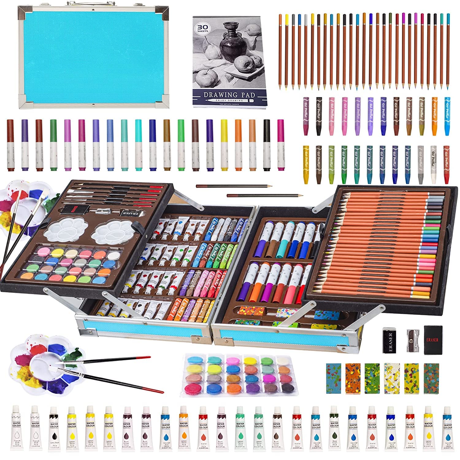 Akvanar 137 PCS Portable Inspiration & Creativity Coloring Art Set Deluxe Painting & Drawing Supplies with Aluminum Alloy Box (Blue)