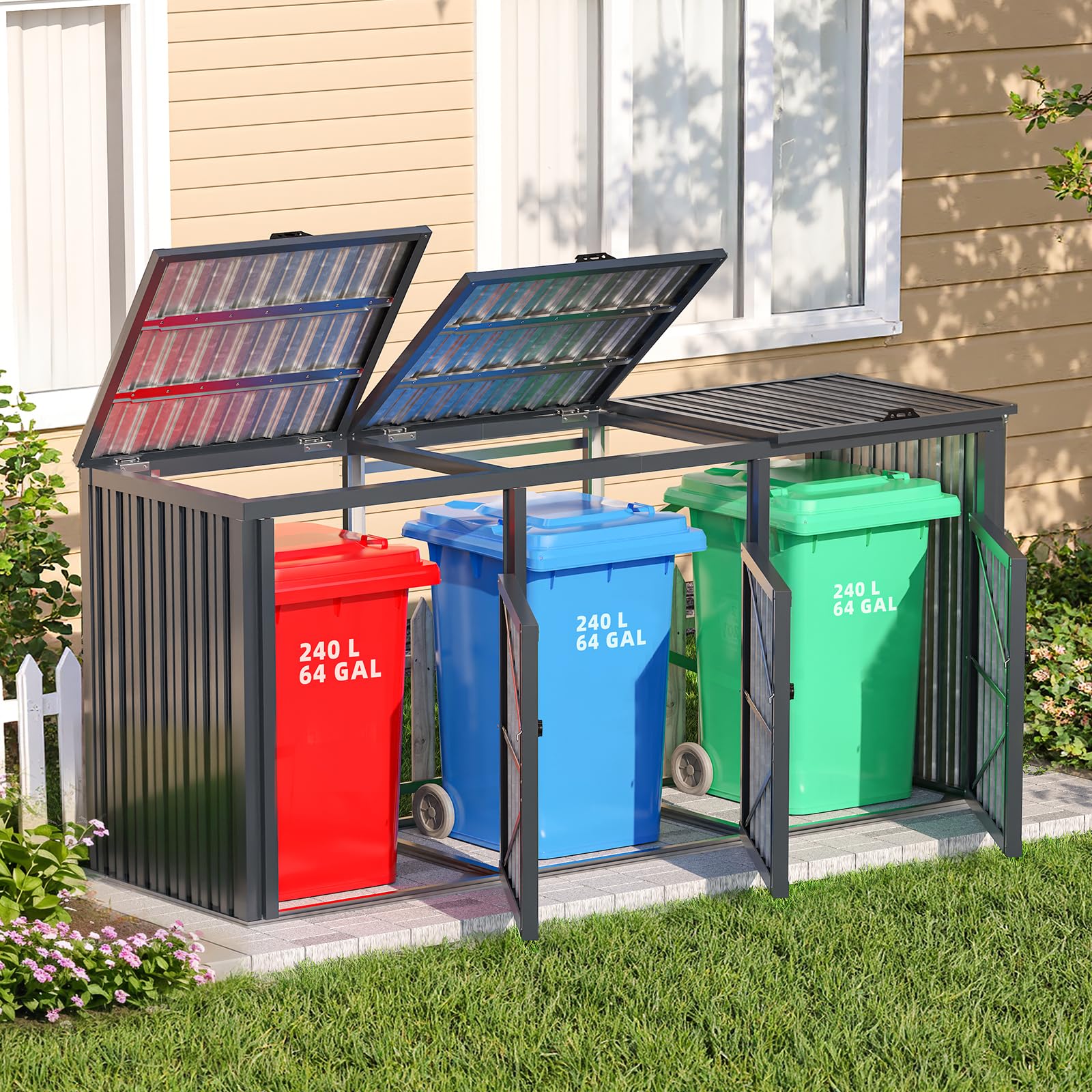 YODOLLA 3 Wheelie Bin Storage Box, Lockable Weatherproof Garden Bin Store — image 1