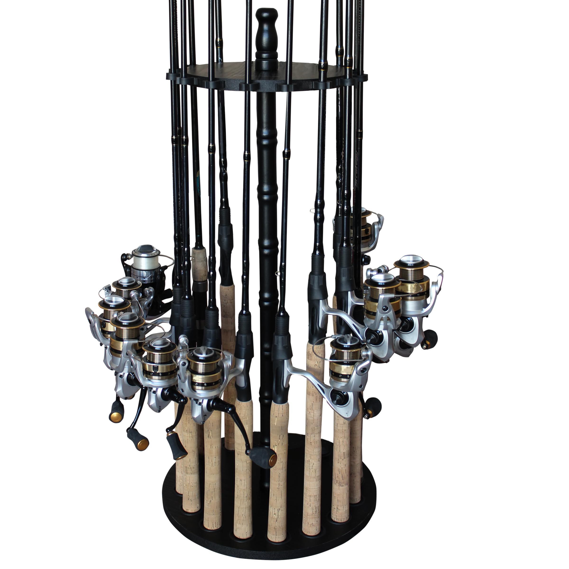 Rush Creek Creations | 16-Rod Fishing Rod Holder, Industrial Wall Mounted Tiered Shelf, Steel, Revolving, Large, For Garage Fishing Gear Organization