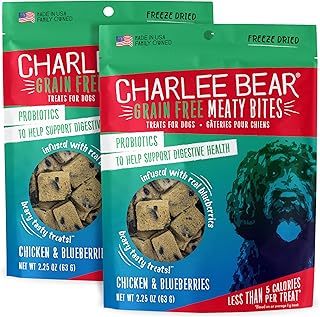 Charlee Bear Grain Free Meaty Bites Freeze Dried Dog Treats with Probiotics, Puppy Training Snacks, Soft Dog Bites Chicken with Blueberries, 2.25 oz Bags (2), Made USAA