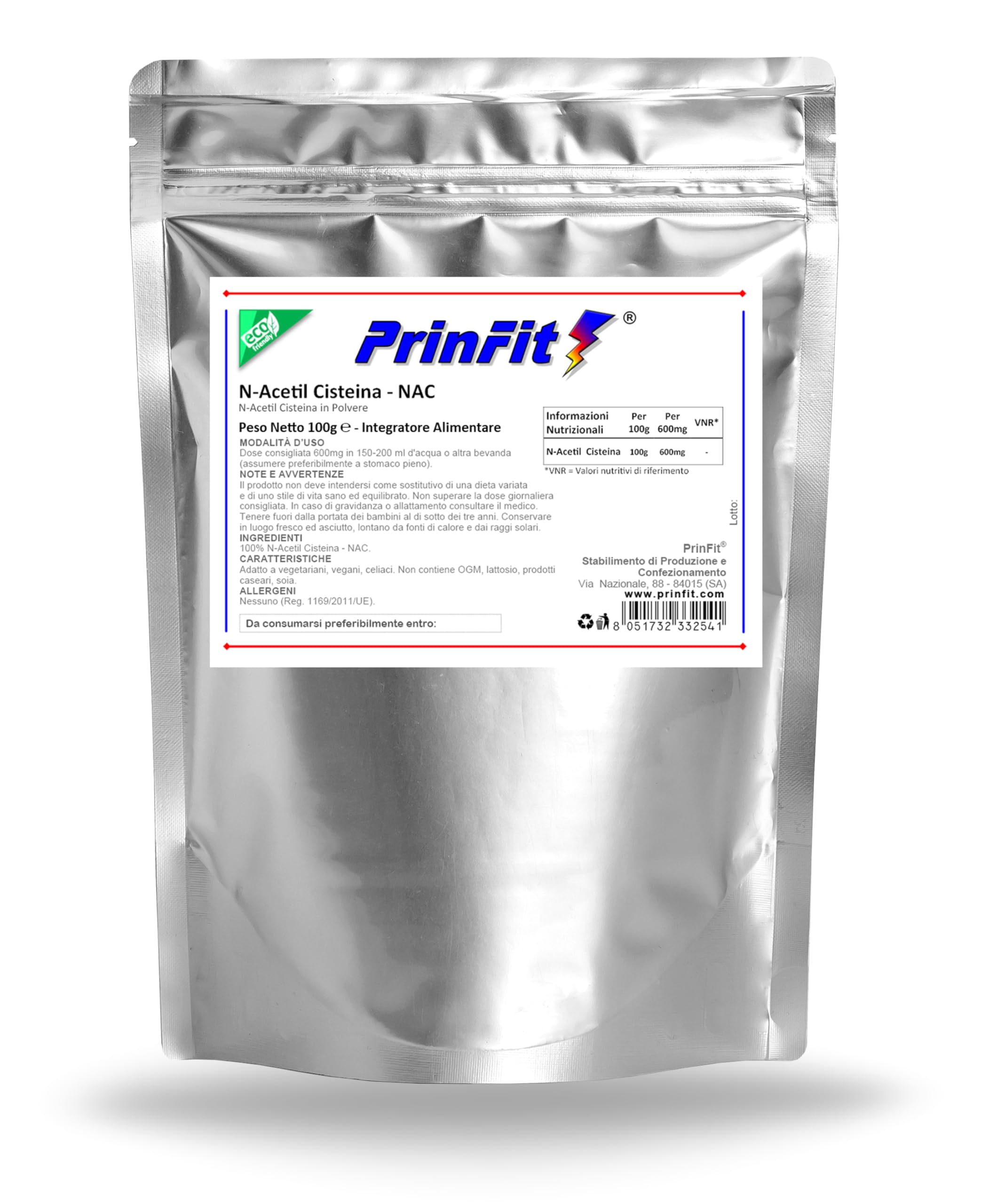 100g - N-Acetil Cisteina - NAC 100% Pura in polvere | Integratore Alimentare Certificato | Senza Additivi | Made in Italy | Elevata biodisponibilità | Vegano | PrinFit