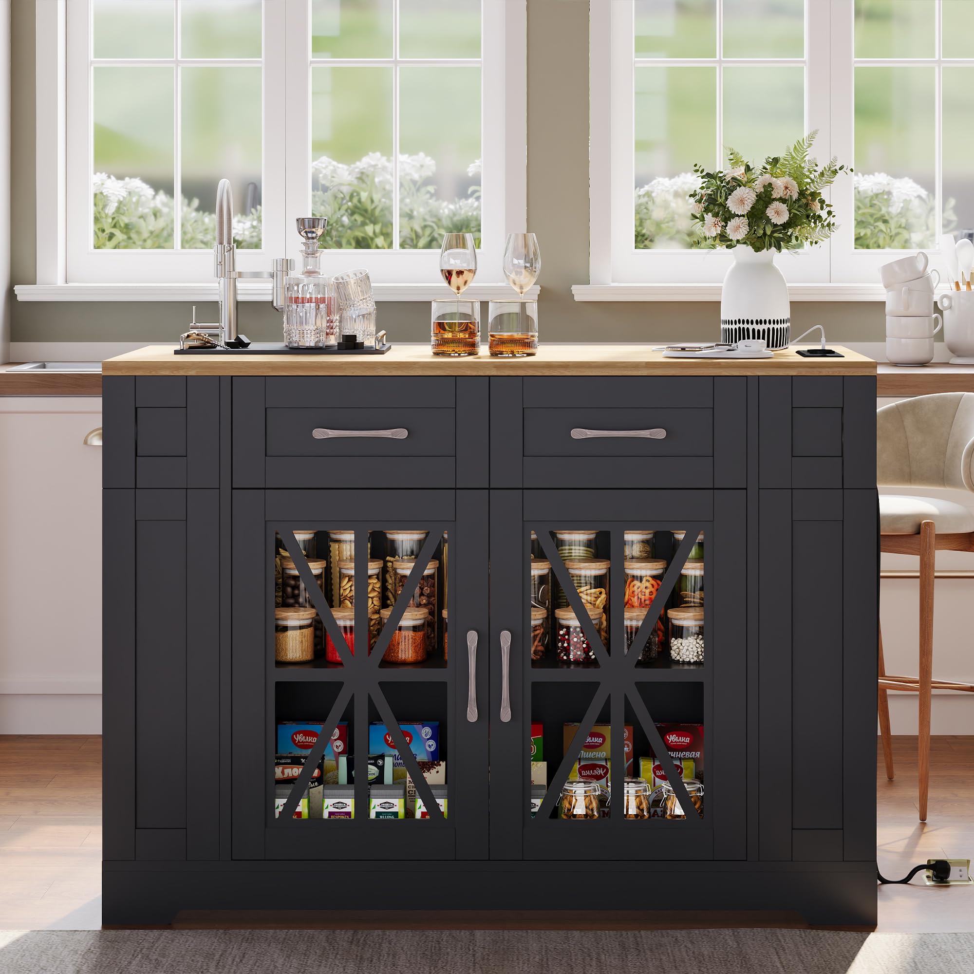 Isola da cucina mobile, carrello da cucina, tavolo da pranzo allungabile con ripiano aperto, connettore AC, laminato regolabile, ruote con freni, per cucina, sala da pranzo, 120 x 65 x 92