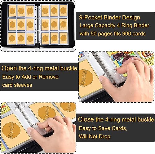 Miniatura 4 de Kivxizi Carpeta de tarjetas con 9 bolsillos, soporte para 900 tarjetas con 50 fundas extraíbles, carpeta de colección de tarjetas, álbum de