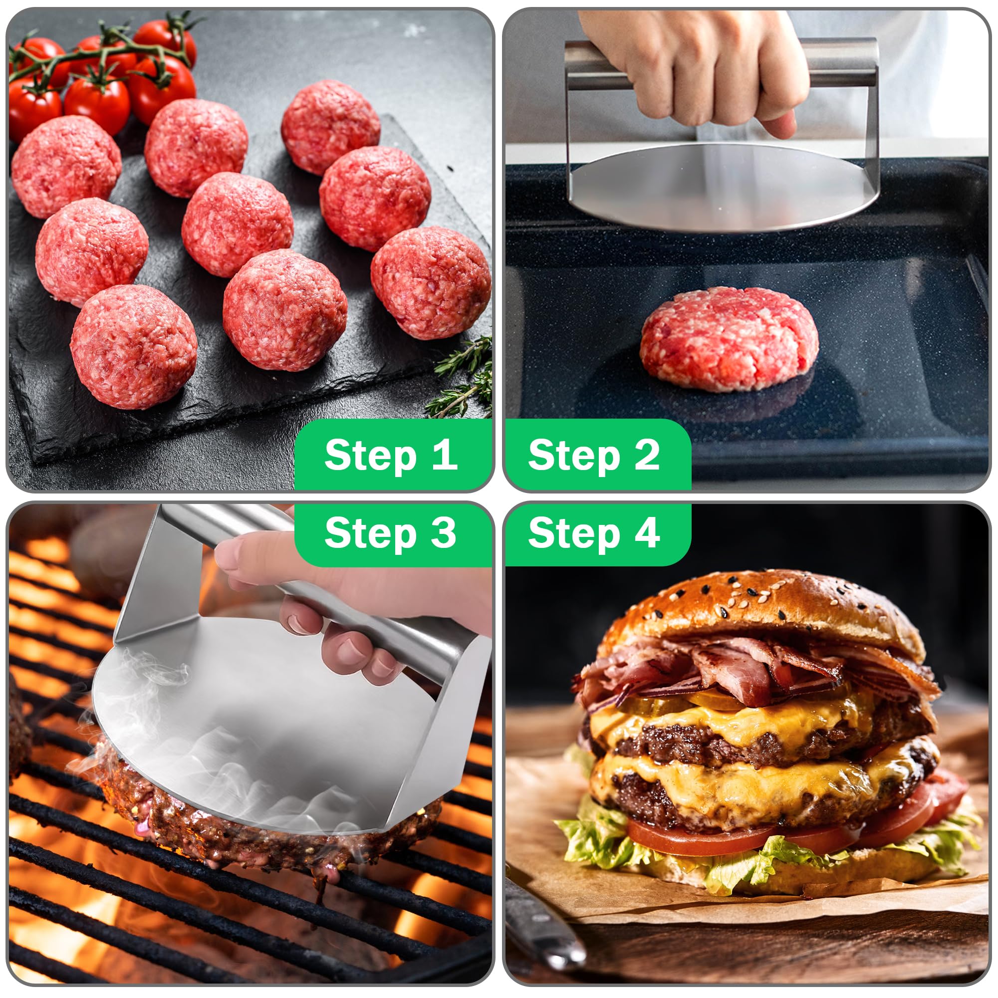 Pressa per Hamburger in Acciaio Inossidabile, Smash Burger Press, 5,5 Pollici Rotonda Professionale Smasher Antiaderente, per Piastra Piatta Griglia, Bistecche, Panini, Barbecue