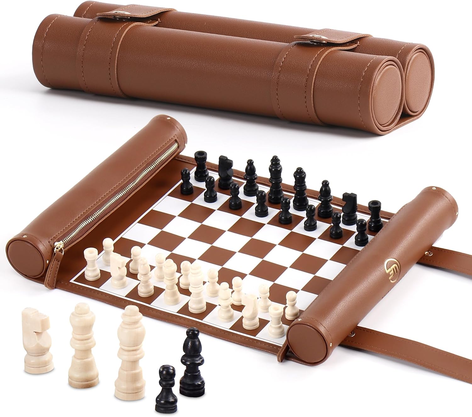 Roll Up Chess Set - Foldable Leather Chess Mat with Chess Pieces - Portable Travel Chess Set with Straps - Perfect Chess Game for Airplane, Camping, and More (Brown)