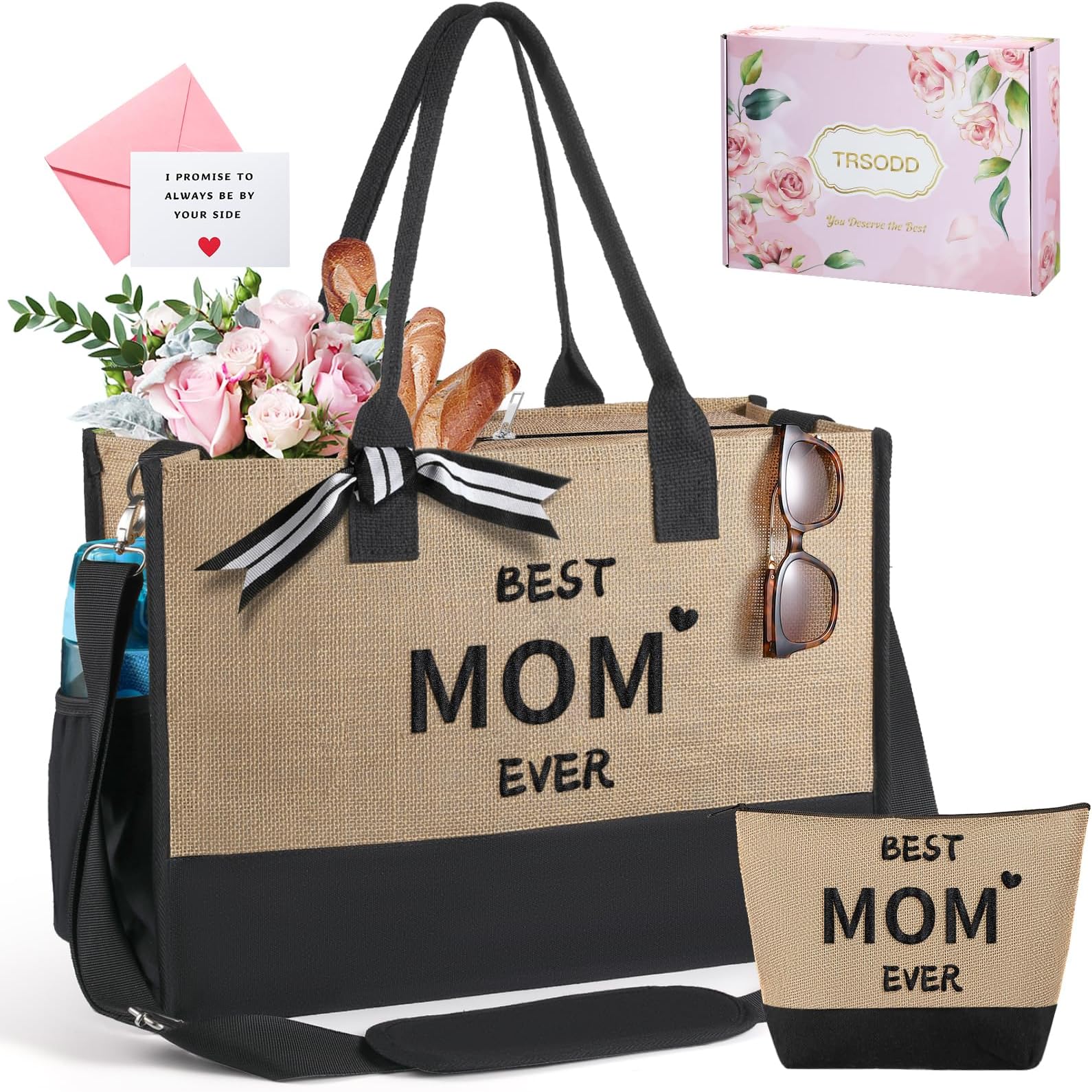 TRSODDTRSODD Mothers Day Gifts for Mom from Daughter Son New Mom Birthday Gifts for Women Jute Embroidered Tote Bag and Makeup Bag