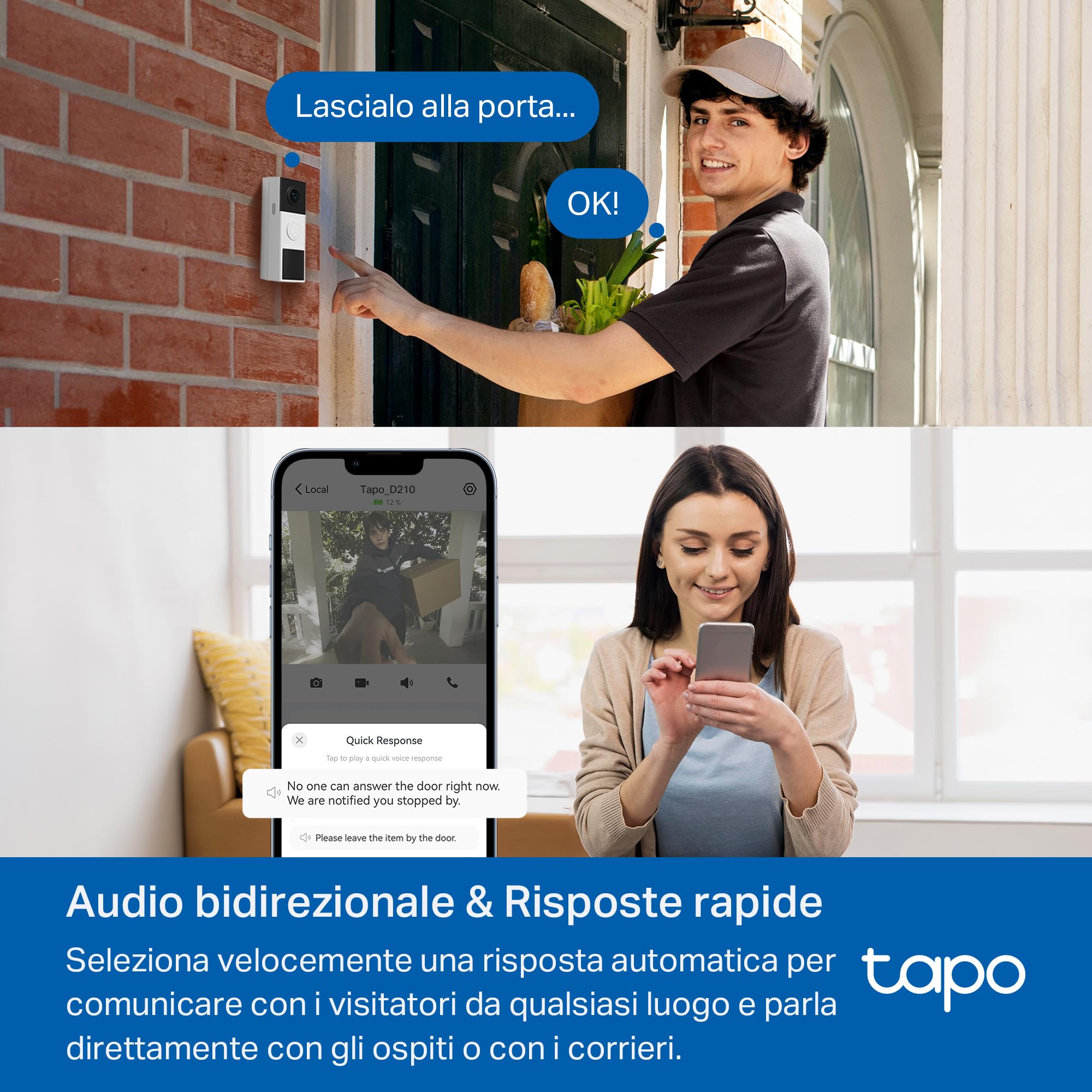 Tapo D210 Videocitofono 2K 3MP, Visione Notturna a Colori, Campo Visivo Etra-Largo, Rilevamenti Smart AI, Audio Bidirezionale, Comunicazione Diretta da APP, Batteria Dura 6 Mesi, Antifurto, IP65