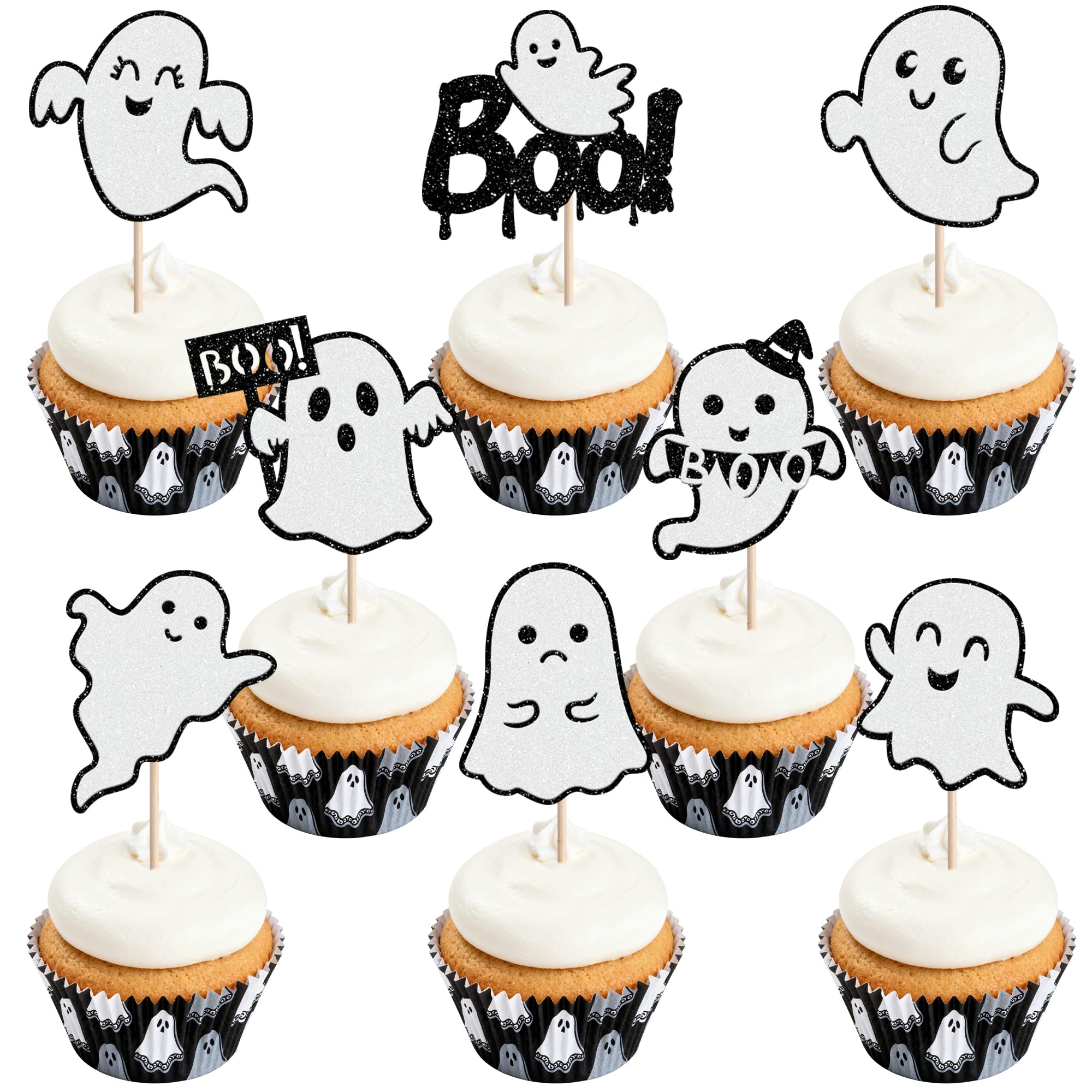 Xsstarmi 24 Pack Halloween Baby Shower Cupcake Toppers Black Glitter Ghost Boo Cupcake Picks for Gender Reveal Kids Boys Birthday Halloween Party Cake Decorations Supplies