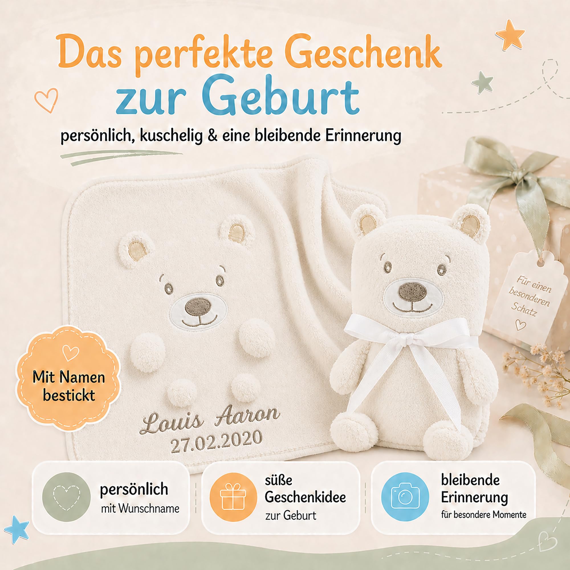 Babykajo Babydecke personalisiert – 2in1 Babydecke Wird zusammengerollt zum Tierchen – Perfektes Baby Geschenk zur Geburt für Jungen und Mädchen!