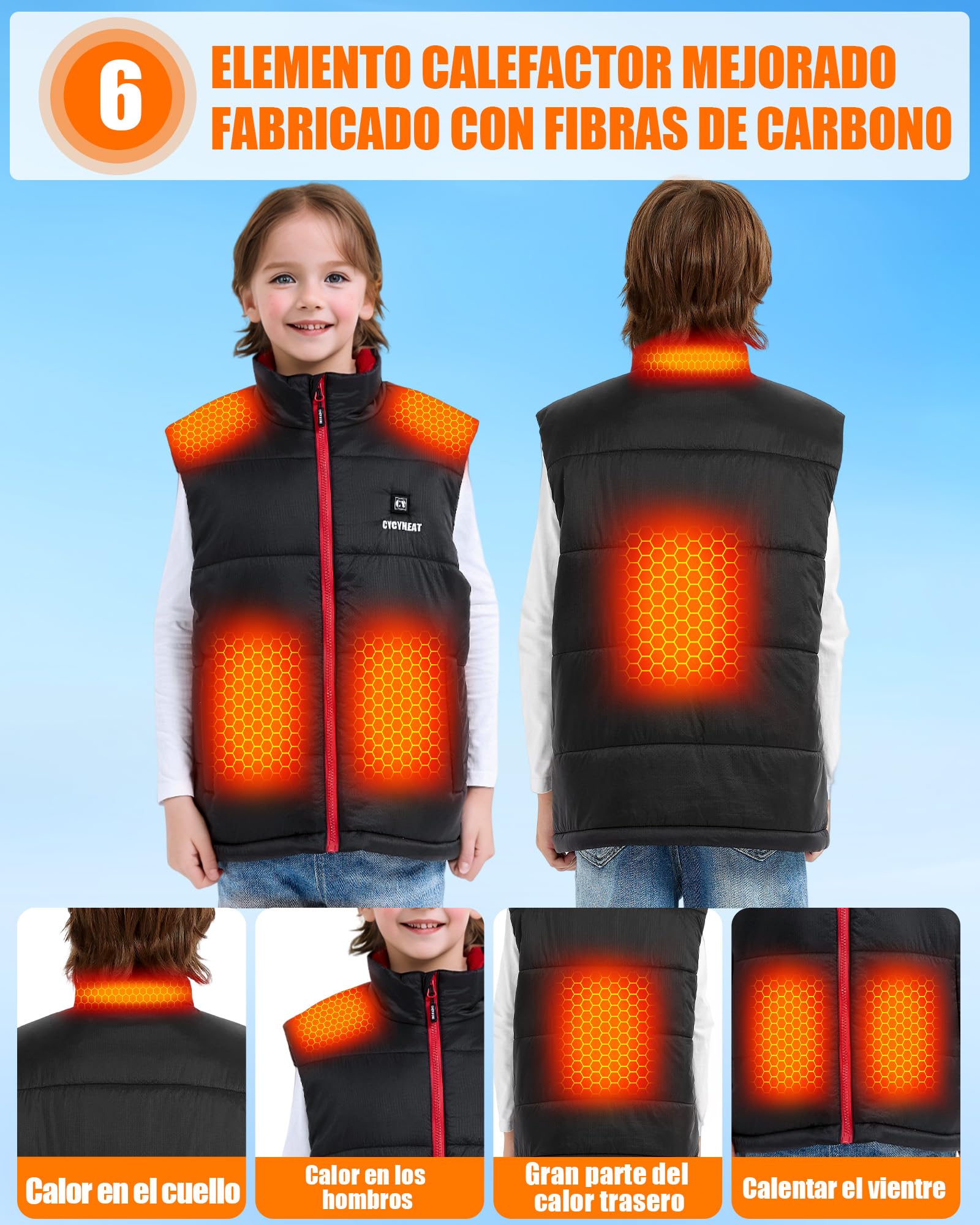 CYCYHEAT Chaleco Calefactable Niño con Batería USB 10000mAh - Chaleco Térmico para Niños y Niñas para Esquiar y Actividades al Aire Libre