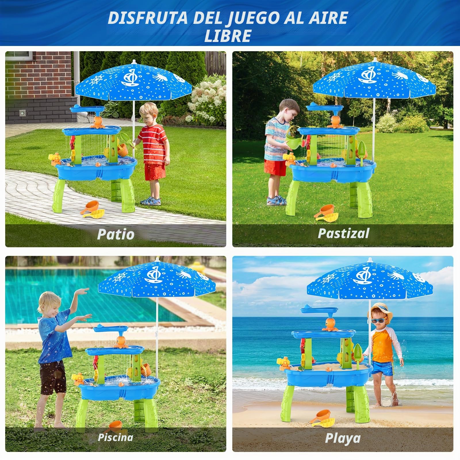 HYES Mesa de Agua para Niños 3 Niveles con Paraguas, Arena, Duchas - Azul