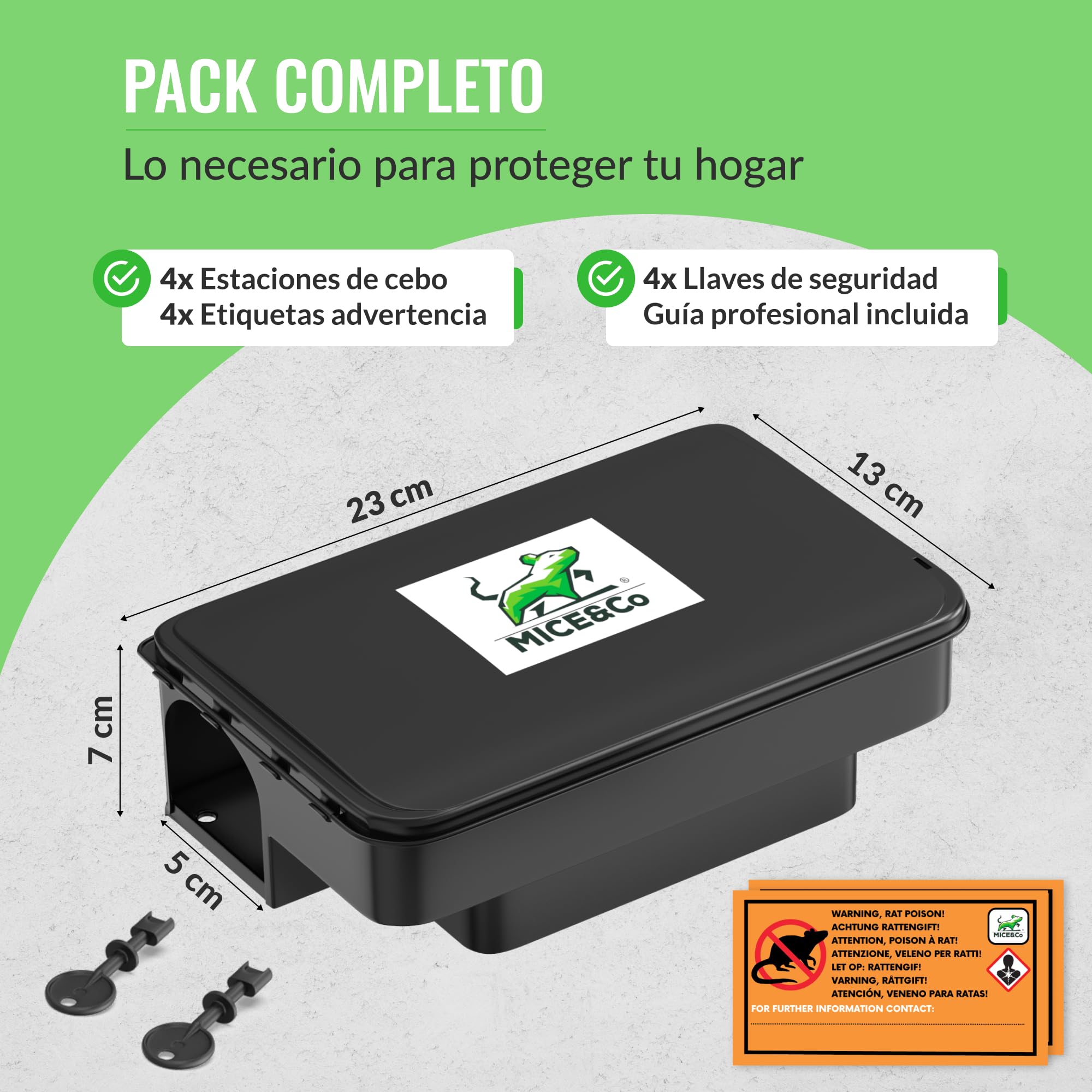 Mice&Co Trampas para Ratas y Ratones Profesionales - Caja Portacebos para Ratas y Ratones | Estación de Cebo Veneno Interior y Exterior | Pack 4 Unidades