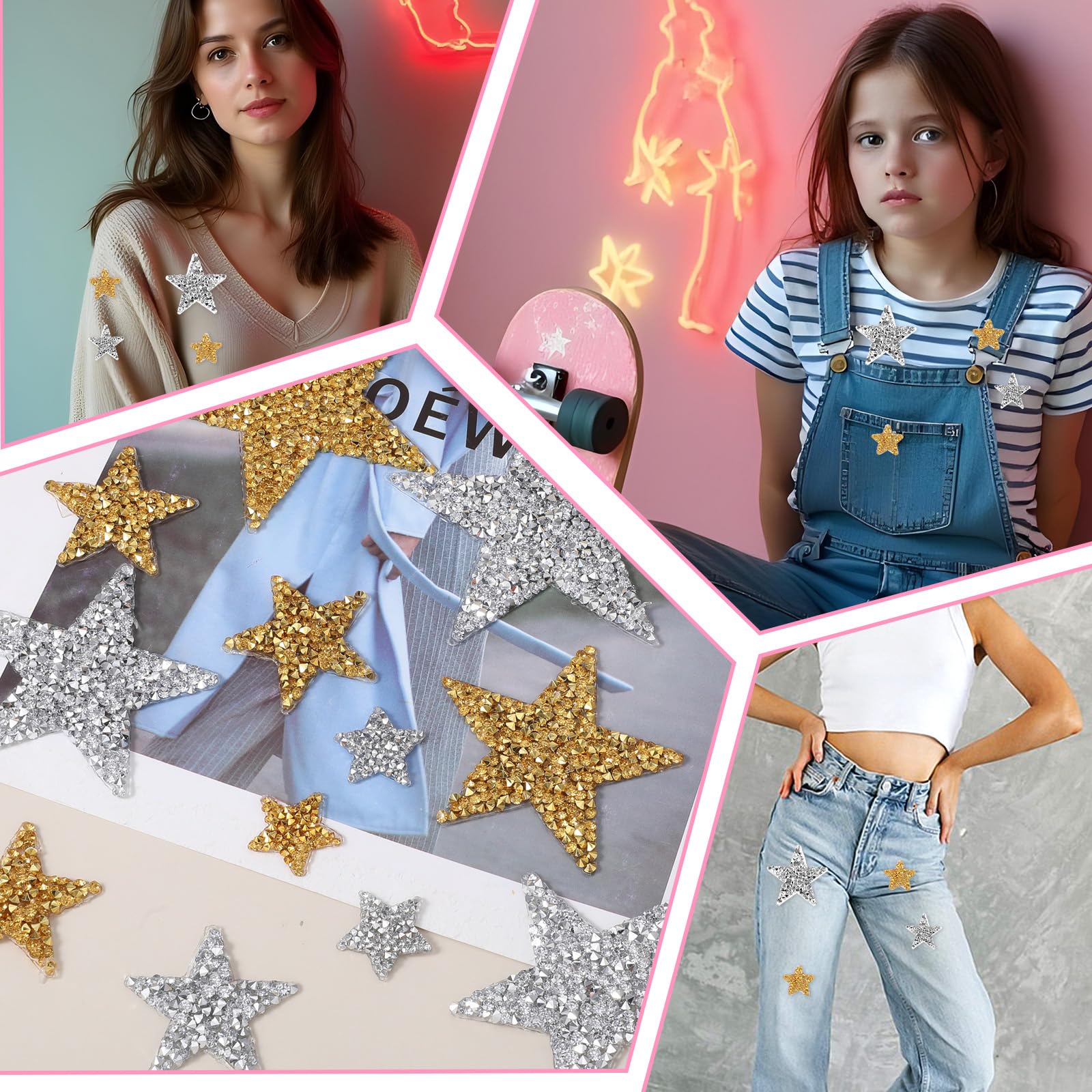 16 Parches Termoadhesivos De Estrellas Con Strass - Tamaños 2/4/6 Cm, Dorados, Para Planchar En Ropa Y Tela