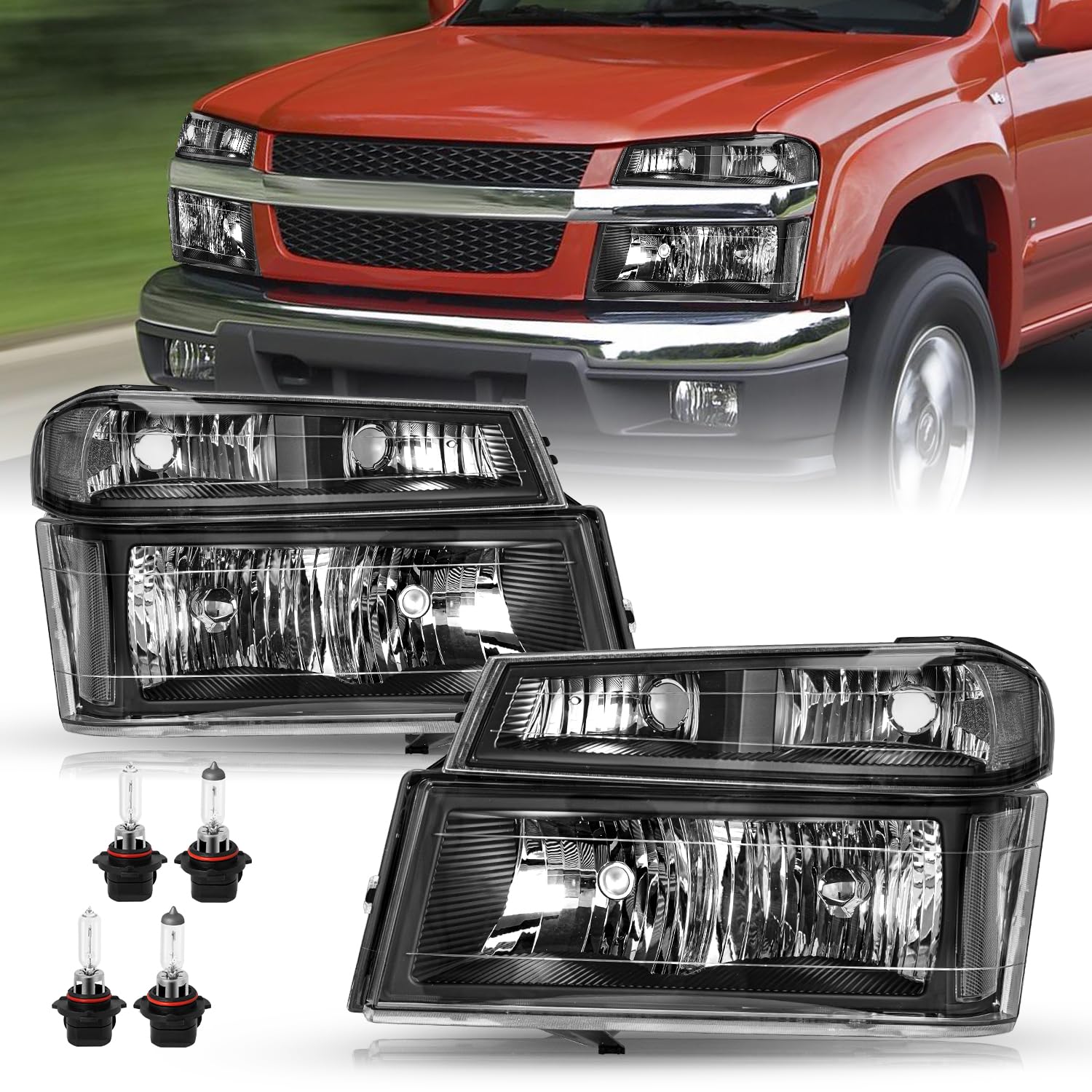 4pcs Headlight Assembly Set Replacement for 2004-2012 Chevy Colorado/GMC Canyon, 2006-2008 Isuzu I-Series w/Bumper Lights Passenger & Driver Side Bulbs Included