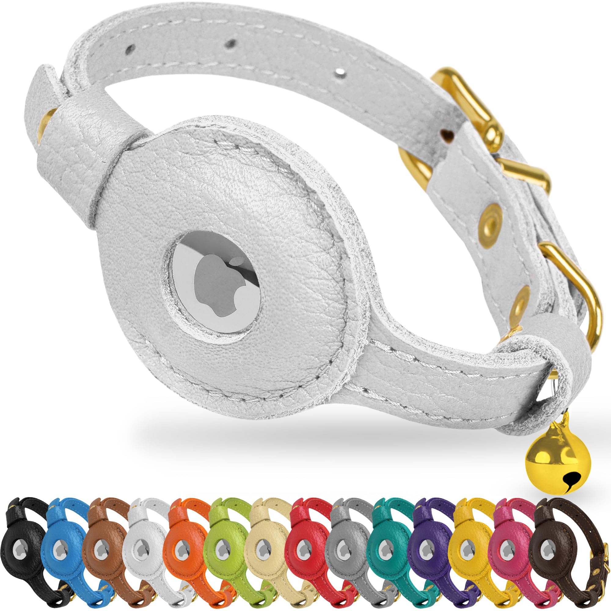 OOPSDOGGY Cat Collar with Bell for AirTag - Non Breakaway Leather Kitten Collar with Apple Air Tag Holder - Lightweight Integrated GPS Pet Collars for Girl Boy Cats, Small Dogs, Puppies (White)