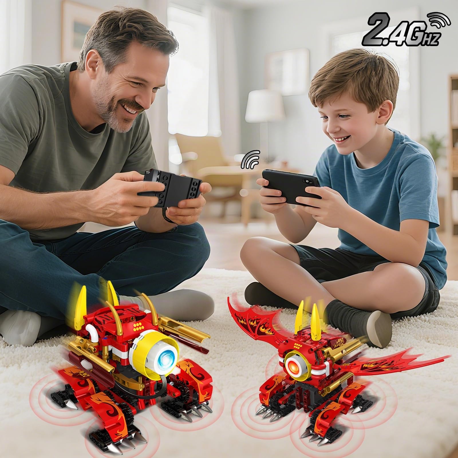 HOGOKIDS - 5 en 1 Juego de Bloques de construcción de Robot dragón con 6 Colores de iluminación y 5 Efectos de luz - 354 Piezas de Juguete Robot controlado por Control Remoto y App, Regalo para niños